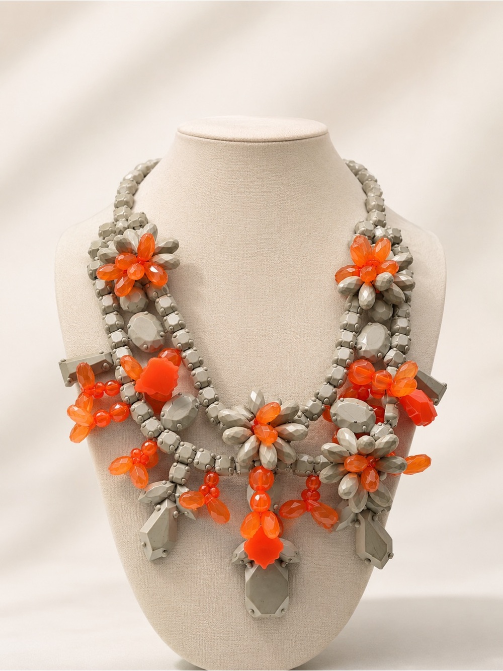 Bold Floral Beaded Necklace in Orange and Light Gray